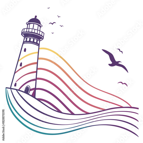 Stylized lighthouse with rainbow waves and flying seagulls
