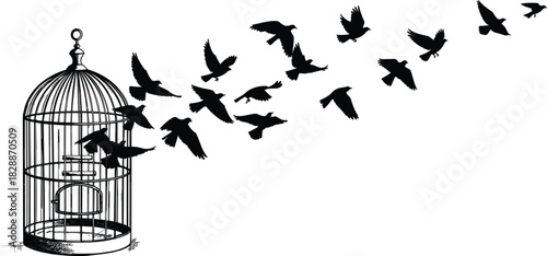 Black silhouette vector illustration of a flock of birds escaping through the open door of a vintage birdcage, symbolizing freedom, liberation, hope, escape, and breaking free against a white 