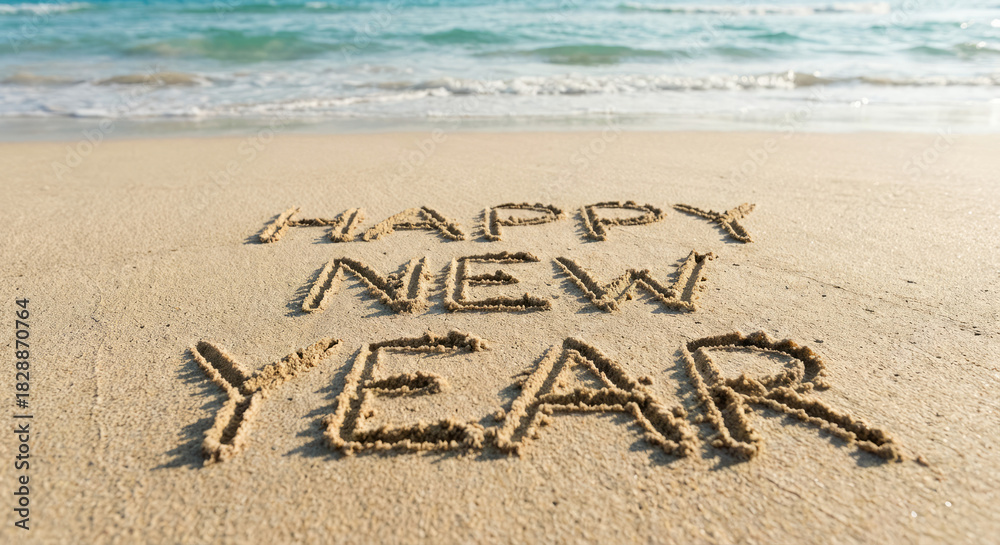 Fototapeta premium Happy New Year écrit sur le sable d’une plage tropicale