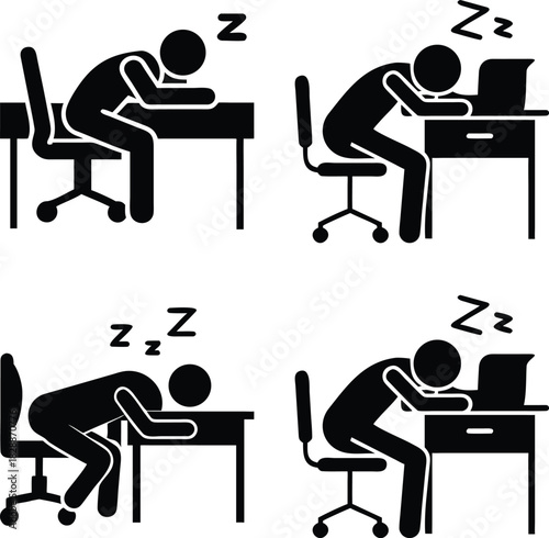 Sleeping at Reading Table Silhouette Vector Collection — Student Study, Learning, Exam Stress, Library Desk, and Education Concept Icons