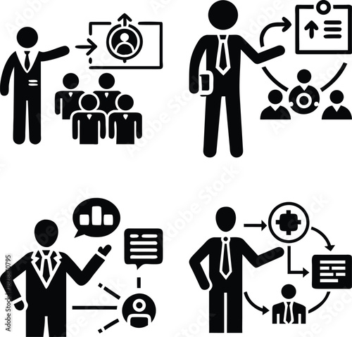 Four Business Leadership Icons: Manager or Speaker Addressing a Team, Corporate Hierarchy, and Instruction Symbols for Management, Training, and Company Structure