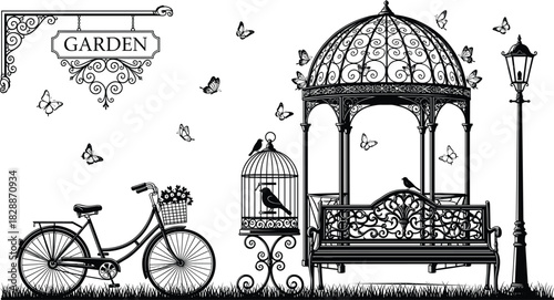 Detailed black silhouette vector illustration of a romantic garden scene with an ornate gazebo, vintage bicycle, street lamp, birdcage, and butterflies, perfect for vintage, spring, and decor themes.