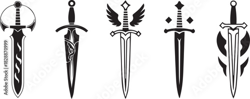 Fantasy sword tattoo set, vector linocut magic blade, dragon wings, fairy tale silhouette collection. Mystic legend snake print, spiritual medieval logotype, witchcraft sign. Sword tattoo black design