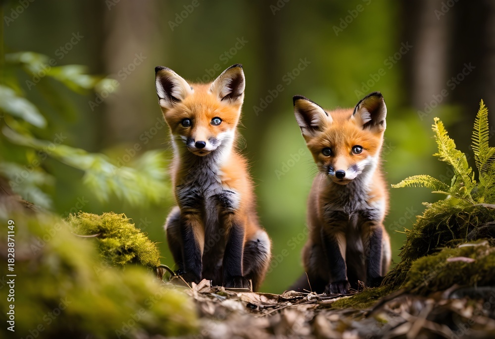 Obraz premium A view of 2 Fox Cubs in the forest