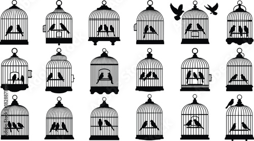 Extensive black silhouette set of eighteen classic birdcages with perching birds, illustrating concepts of freedom, pet, confinement, vintage decoration, and domestic bird keeping vector icons on whit