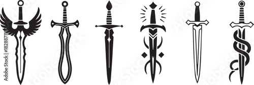 Fantasy sword tattoo set, vector linocut magic blade, dragon wings, fairy tale silhouette collection. Mystic legend snake print, spiritual medieval logotype, witchcraft sign. Sword tattoo black design