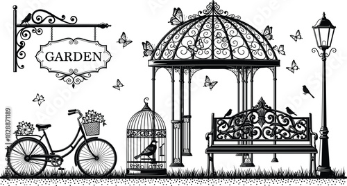 Elaborate black silhouette vector illustration of a vintage garden scene with an ornate gazebo, park bench, street light, antique bicycle, and a hanging birdcage, symbolizing romance and outdoor 