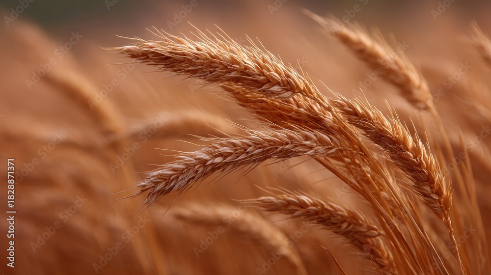 Fototapeta premium Golden Wheat Field at Sunset with Soft Lighting and Gentle Breeze Capturing the Beauty of Nature's Bounty in Agricultural Landscape