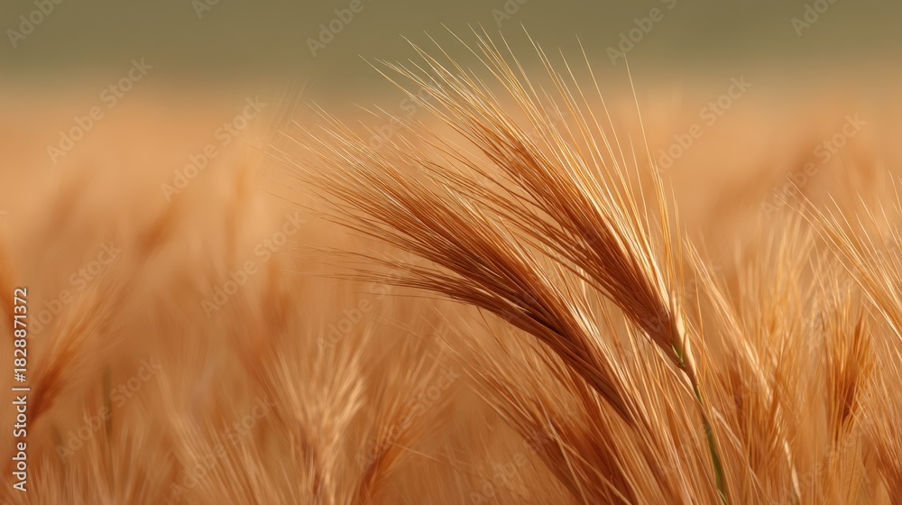 Naklejka premium Close-up of golden wheat stalk in a lush field swaying gently in the breeze under a clear blue sky during a sunny day in late summer harvest season