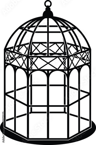 Ornate black silhouette of an antique victorian bird cage or decorative gazebo structure with a domed top, representing confinement, freedom, design, and vintage elegance vector illustration on white