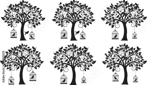 Identical black silhouette vector set of six stylized ornamental trees with swirling branches, two birdcages, and small birds, perfect for vintage home decor, nature, life, and decorative wall art
