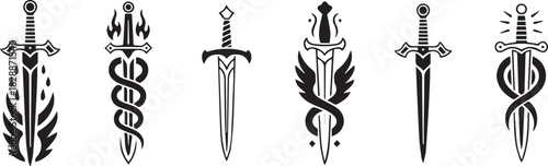 Fantasy sword tattoo set, vector linocut magic blade, dragon wings, fairy tale silhouette collection. Mystic legend snake print, spiritual medieval logotype, witchcraft sign. Sword tattoo black design