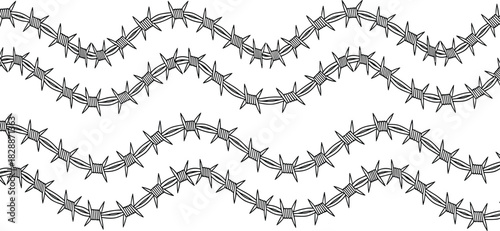 Seamless vector pattern of four wavy lines of dangerous barbed wire with sharp spikes, symbolizing boundary, confinement, security, barrier, danger, and prohibited access illustration on white.