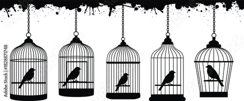 Set of five black silhouette birdcages with perching birds, hanging from chains beneath an artistic ink splash and splatter border, symbolizing confinement, struggle, street art, and graphic 