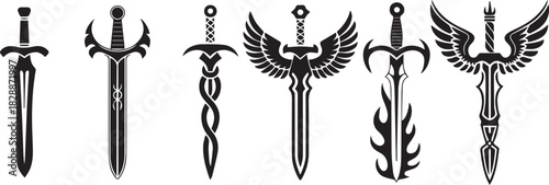 Fantasy sword tattoo set, vector linocut magic blade, dragon wings, fairy tale silhouette collection. Mystic legend snake print, spiritual medieval logotype, witchcraft sign. Sword tattoo black design