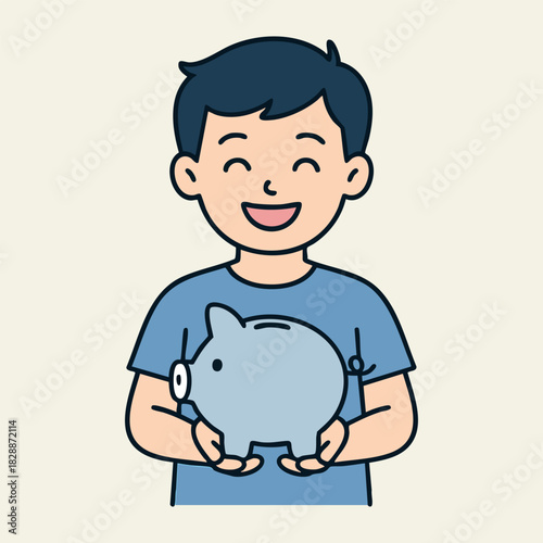 Happy boy holding piggy bank saving money concept
