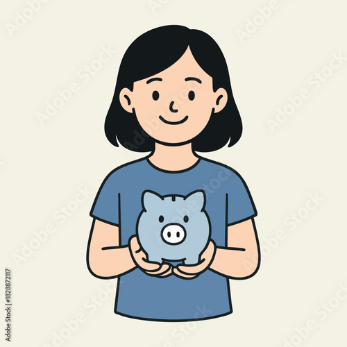 Young girl holding piggy bank saving money concept
