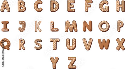 Gingerbread alphabet font and numbers. Winter homemade sweet cookies in festive shapes.