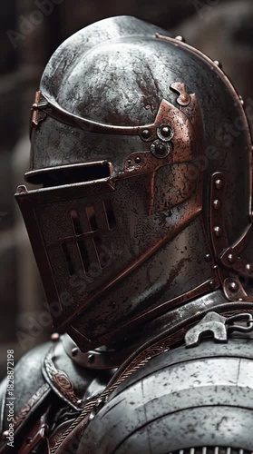 Close up of a medieval knights helmet and armor with intricate details