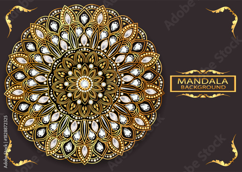 Intricate golden mandala with gemstones in black and gold colors with copy space