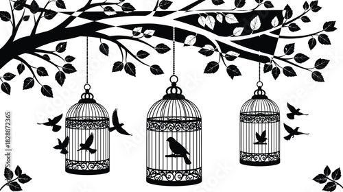 Stylized black silhouette of three ornate antique birdcages hanging from a decorative tree branch, with multiple flying and caged birds, symbolizing freedom, nature, and vintage art vector design on 
