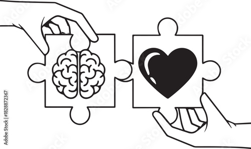 Wellness, body and brain harmony, meditation or healthcare concept. Female or male character hands hold heart and human brain puzzle. Mental and physical health, connection or balance in doodle style.