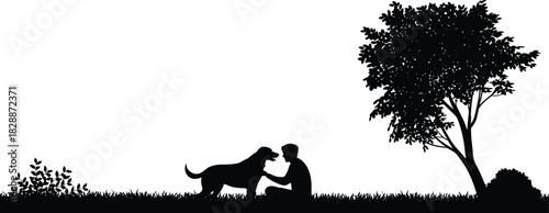 Black Silhouette of a Person and a Dog Sitting Together Under a Tree, Representing Friendship, Companionship, Relaxation, Nature, and Pet Love