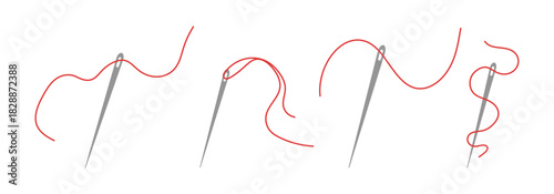 Elegant needle with thread. Needle symbol and curved thread, tailor and shoemaker needlework tool, sewing element. Small tattoo, print for clothes