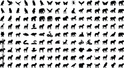 Vector animal silhouettes set with birds, insects, wild, safari, farm, forest and jungle mammals collection, nature fauna creatures flat black icons, wildlife logo elements.v
