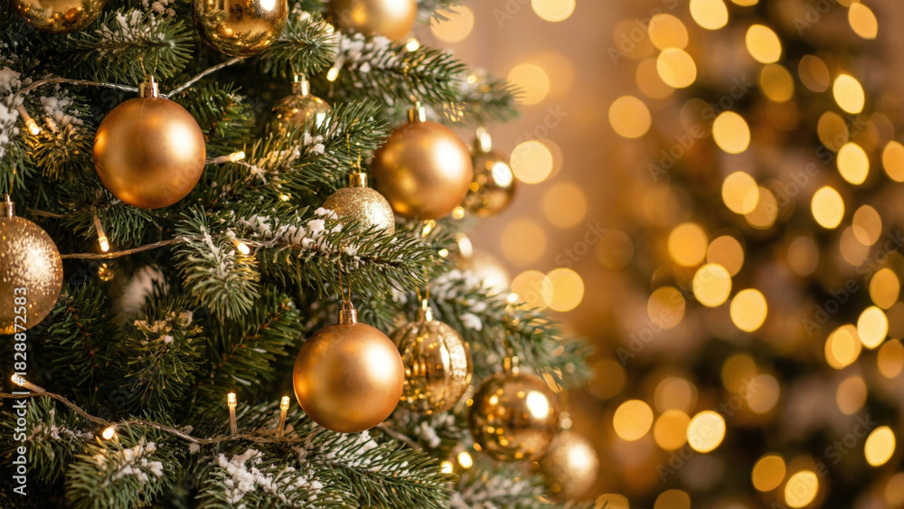 Naklejka premium Close-up of Golden Christmas Tree Ornaments on Snowy Pine Branches with Warm Bokeh Lights