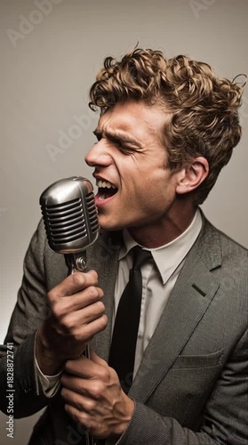 Man singing into vintage microphone studio portrait performance