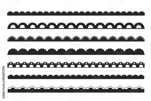 Scalloped edge lace border, textile frill stripe. scalloped border, frame, pattern isolated. Zigzag edge border, cutout decoration line frame collection