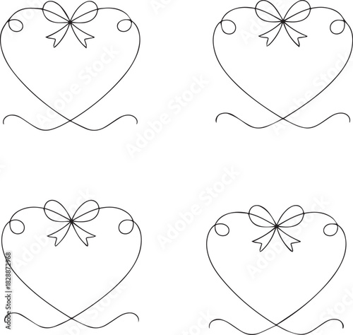 Coquette ribbon frames with bow in heart shapes. Whimsical lace borders in simple crayon and sketch style. Trendy art for bachelorette party and wedding invitations.