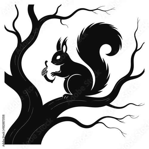 Black silhouette of a cute squirrel sitting on a tree branch holding an acorn