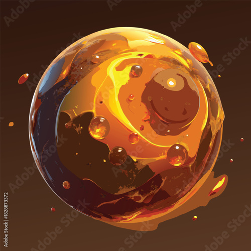 Abstract Sphere Of Golden Orange Liquid With Bubbles And Swirls fluid