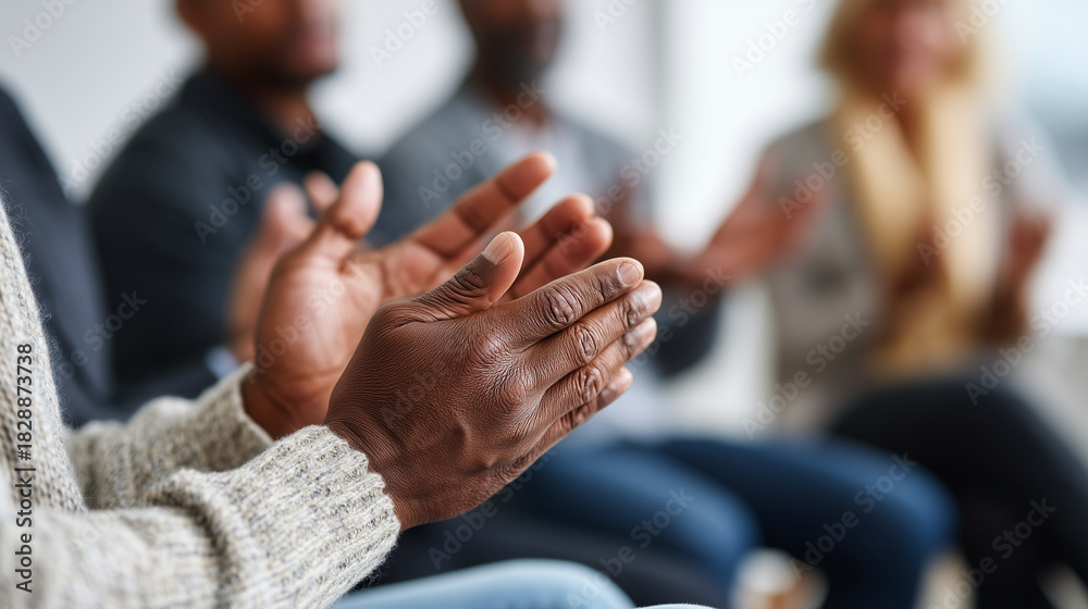 Fototapeta premium Close-up of a person participating in a support group or therapy session, hands and gestures expressing emotion, warm and empathetic setting, 