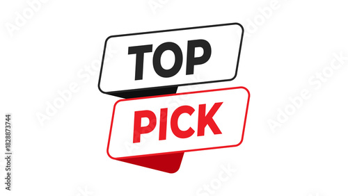 Top pick flat style promotional banner design element with modern text on a white and red label, indicating best choice, quality, and recommendation for products and services isolated.