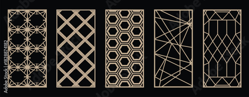 CNC Laser Cut Vector Templates Set Featuring Modern Abstract Geometric Panels With Grid Mesh And Lattice Patterns Design As Decorative Template Illustration For Cutting Metal Wood Or Acrylic Materials