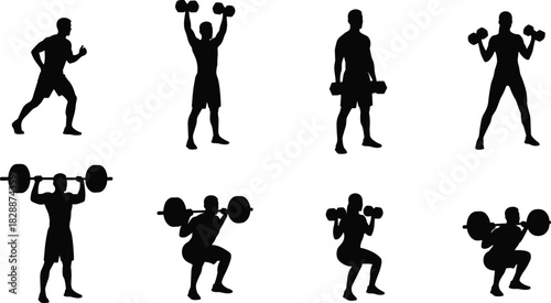 Fitness athlete silhouettes performing weightlifting, dumbbell exercises, running, and strength training movements, ideal for gym workout illustrations, sports posters, and vector design projects
