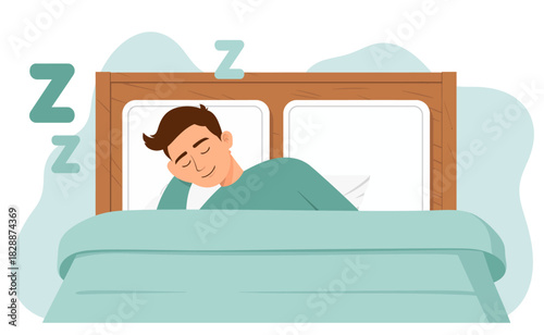 Man sleeping peacefully in bed at home, dreaming with eyes closed and a relaxed expression, enjoying a restful night, promoting relaxation and sleep hygiene.
