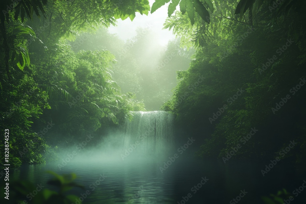 Fototapeta premium Serene waterfall in lush jungle landscape capturing tranquility and nature's beauty