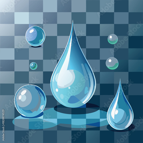 Clear water drops and spheres on a checkered surface liquid