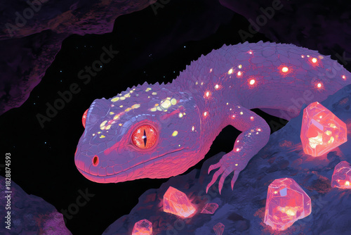 Enchanting basilisk in mystical cavern with glowing crystals