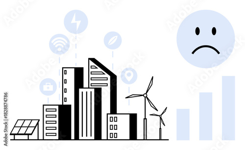 Sustainable energy. Urban landscape with wind turbines, solar panels, and digital connectivity icons. Sustainable energy explored with negative outcome implications. For environmental impact