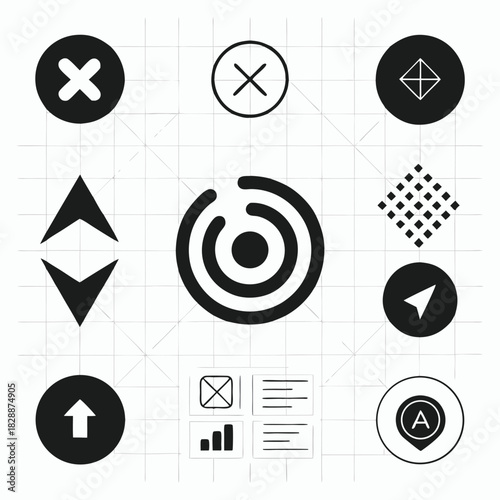 Collection of black and white icons for navigation and data visualization Keywords: icons, symbols, navigation, arrows, close, cancel, delete