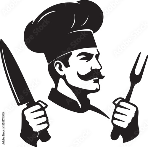 Professional chef silhouette holding a large knife and fork ready to cook