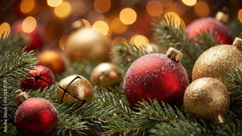 Fototapeta premium Festive Christmas Composition with Frosted Red and Golden Baubles, Jingle Bells, and Pine Branches on Bokeh Background