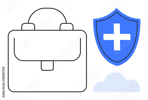 Briefcase beside a shield containing a cross and a cloud. Ideal for health benefits, workplace protection, employee care, insurance, security, business safety, simple flat metaphor