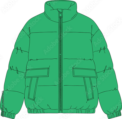Oversized puffer jacket technical sketch with stand collar, zip up front and flap pockets - cad drawing flat vector illustration