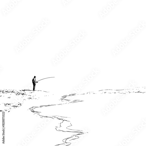 Minimalist black and white drawing of a lone fisherman casting a line
